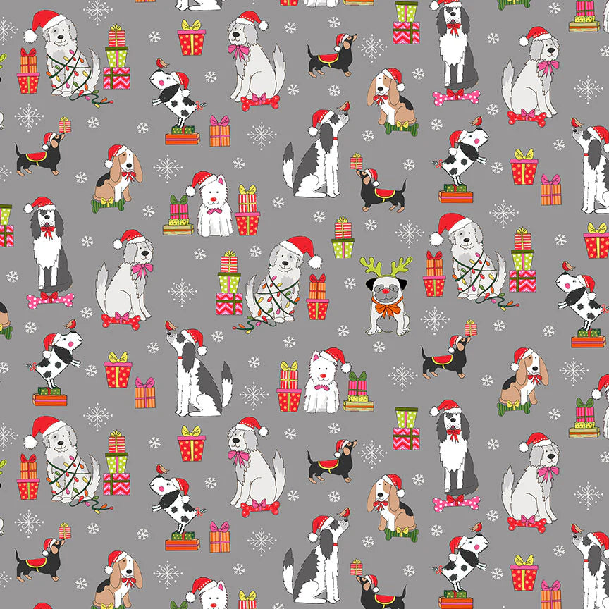 Makower Fabric - Yappy Christmas - Dog Scatter - Grey