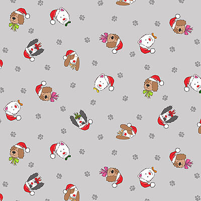 Makower Fabric - Yappy Christmas - Dog Head Scatter - Grey