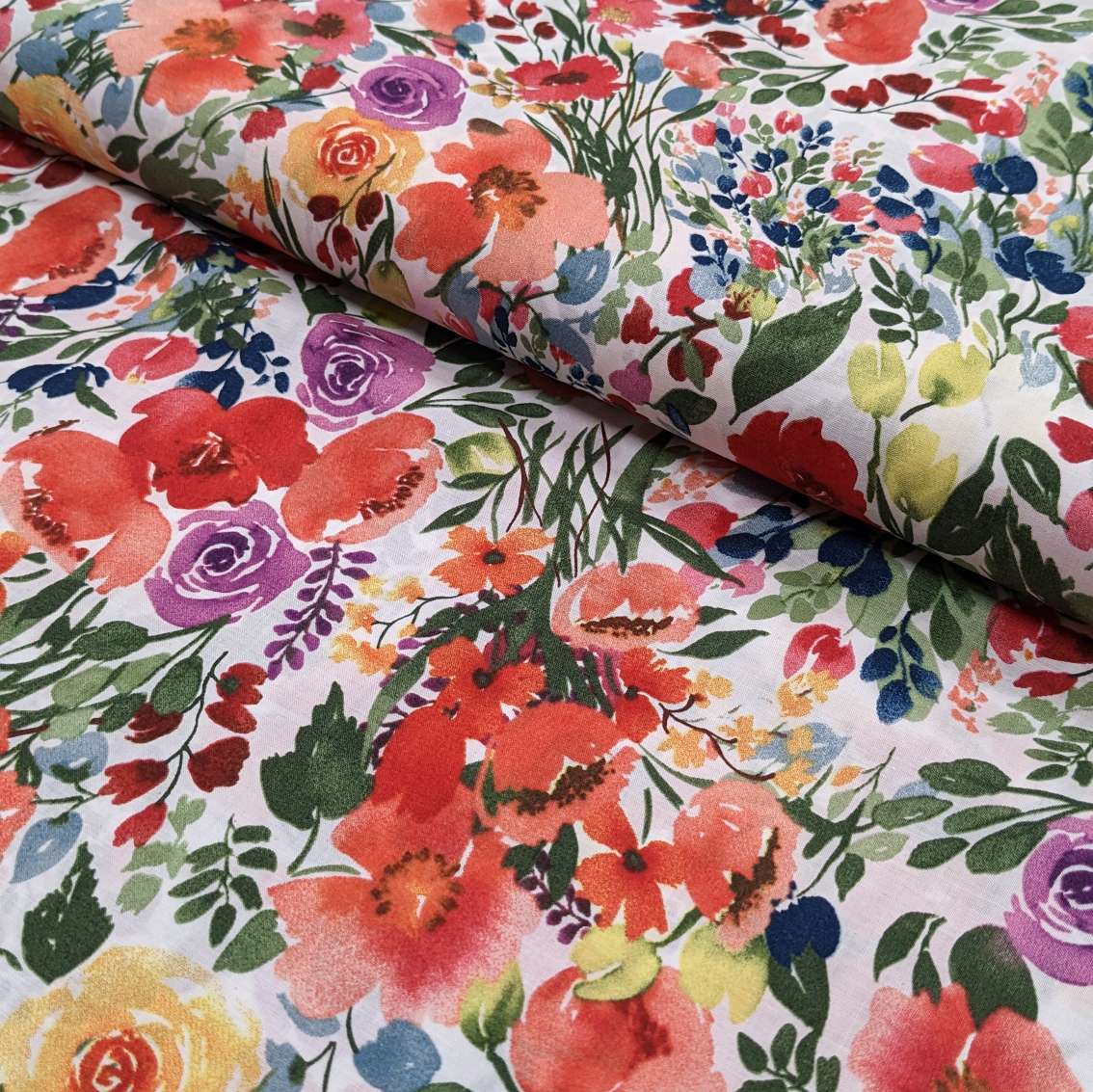 Cotton Lawn Fabric – Summer Floral – Multi-coloured on White