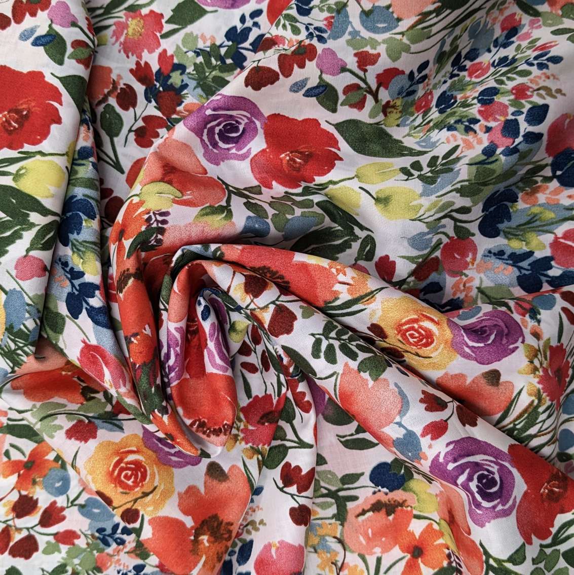 Cotton Lawn Fabric – Summer Floral – Multi-coloured on White