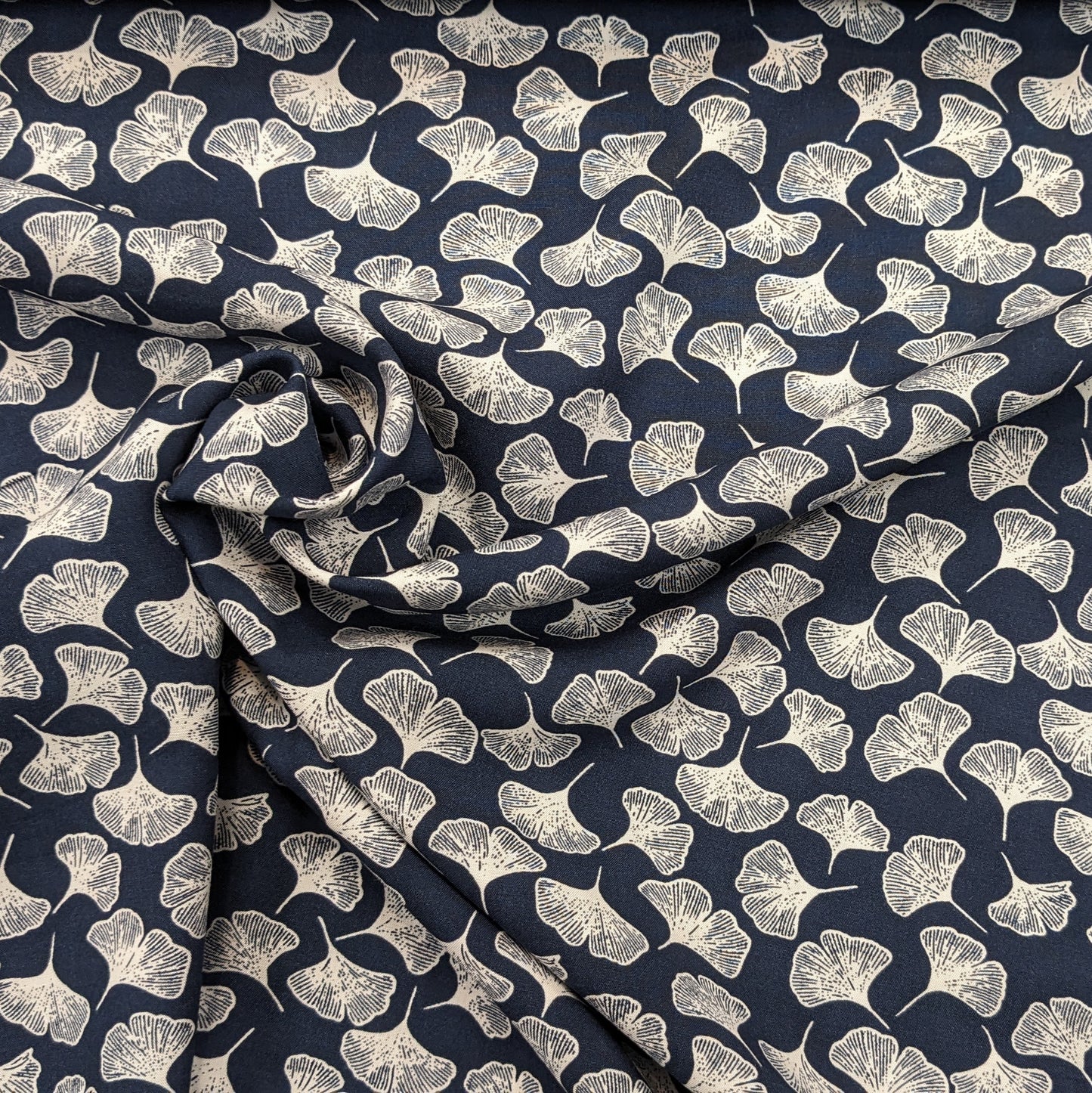 Viscose Fabric - Ginkgo Leaves on Navy