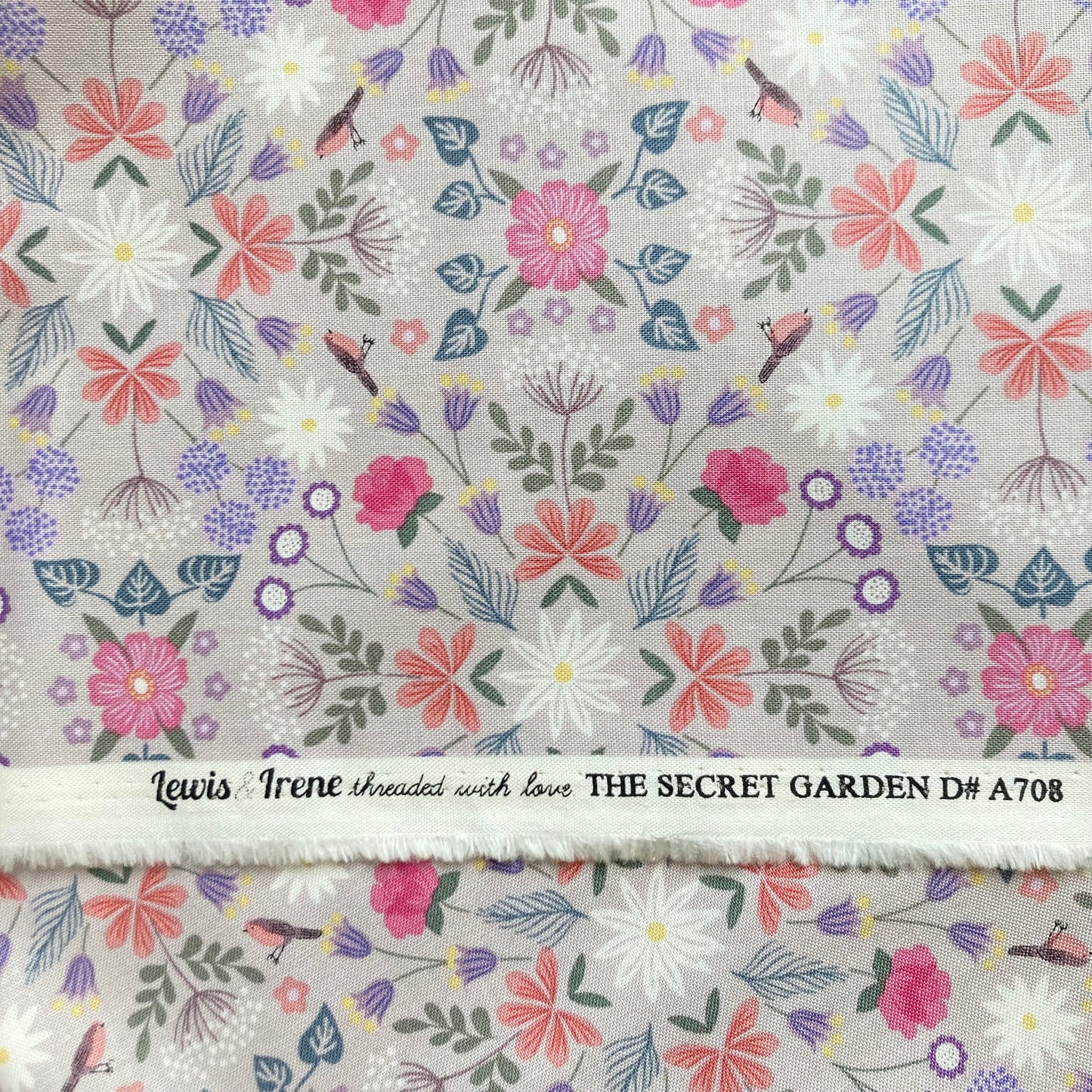 Sale - The Secret Garden - Geo Floral and Robins on Pink - Lewis & Irene