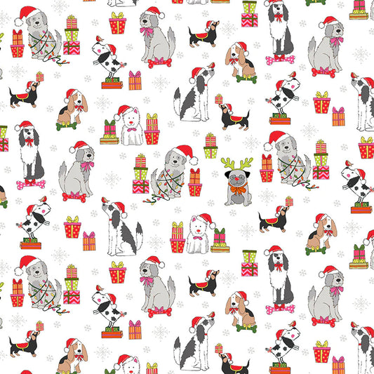 Makower Fabric - Yappy Christmas - Dog Scatter - White