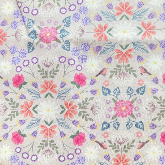 Sale - The Secret Garden - Geo Floral and Robins on Pink - Lewis & Irene