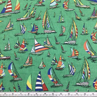 Linen Fabric - Sailboats - Emerald Green