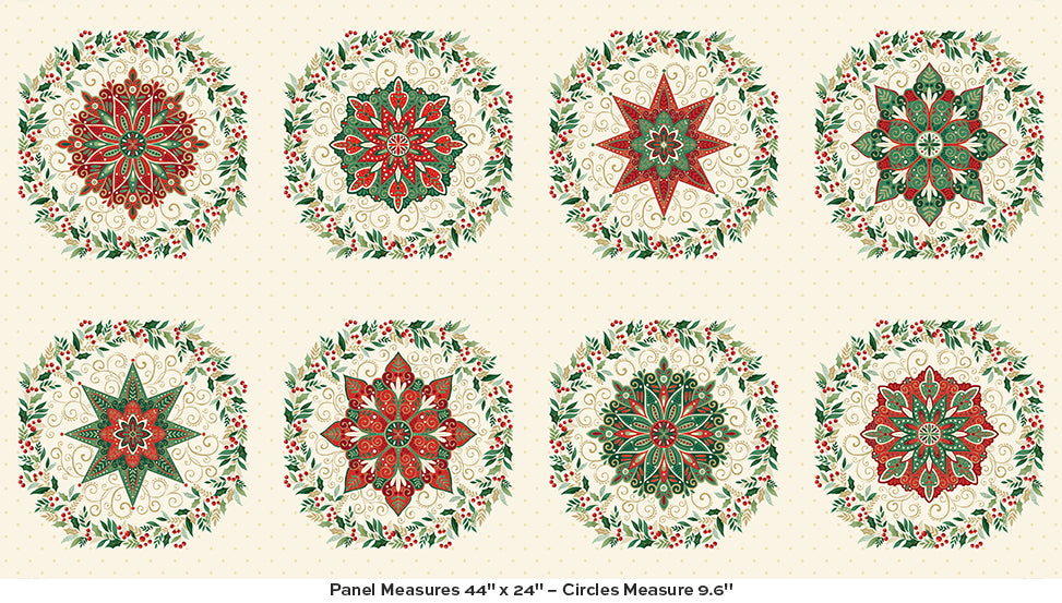 Set of eight circular quilt patterns with red and green designs on a cream background.