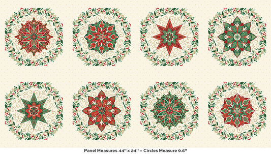Set of eight circular quilt patterns with red and green designs on a cream background.