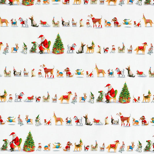 Robert Kaufman Fabric - Christmas Jamboree - Cats and Dog Stripe on White
