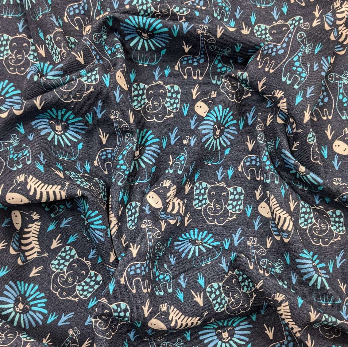 Cotton Jersey Fabric - Jungle Animals – Turquoise on Navy