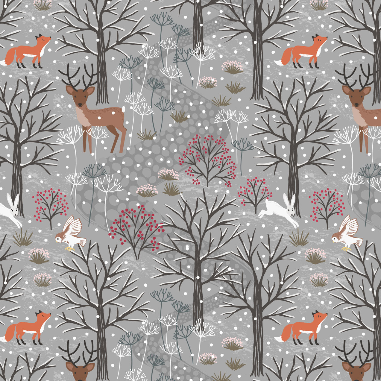 Lewis & Irene Flannel Fabric - Winter in Bluebell Wood - Grey