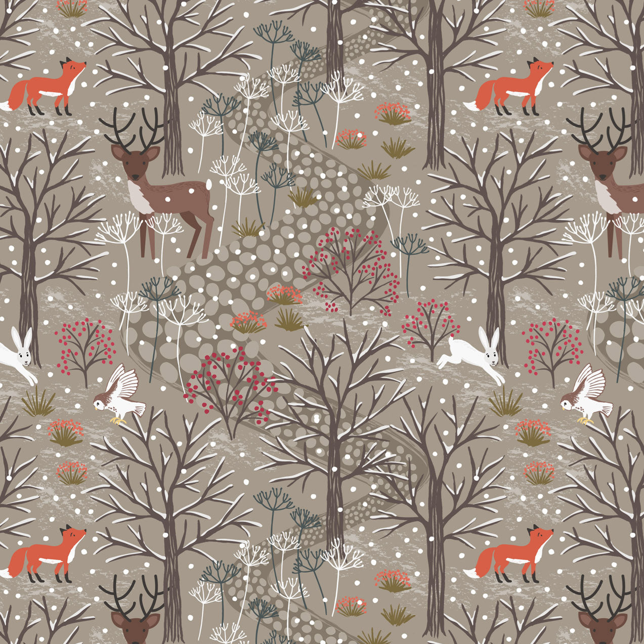 Lewis & Irene Flannel Fabric - Winter in Bluebell Wood - Light chestnut