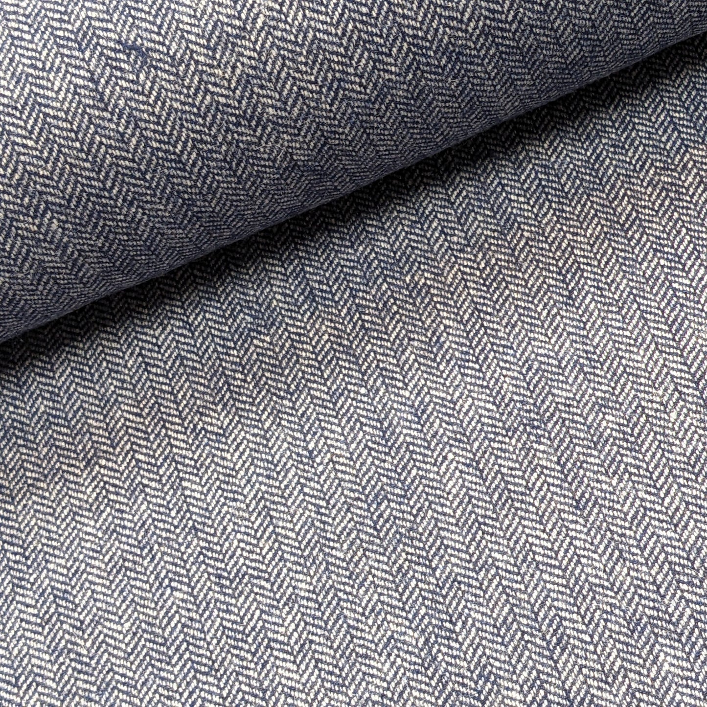 Wool and Polyester Herringbone Tweed Fabric - Denim Blue