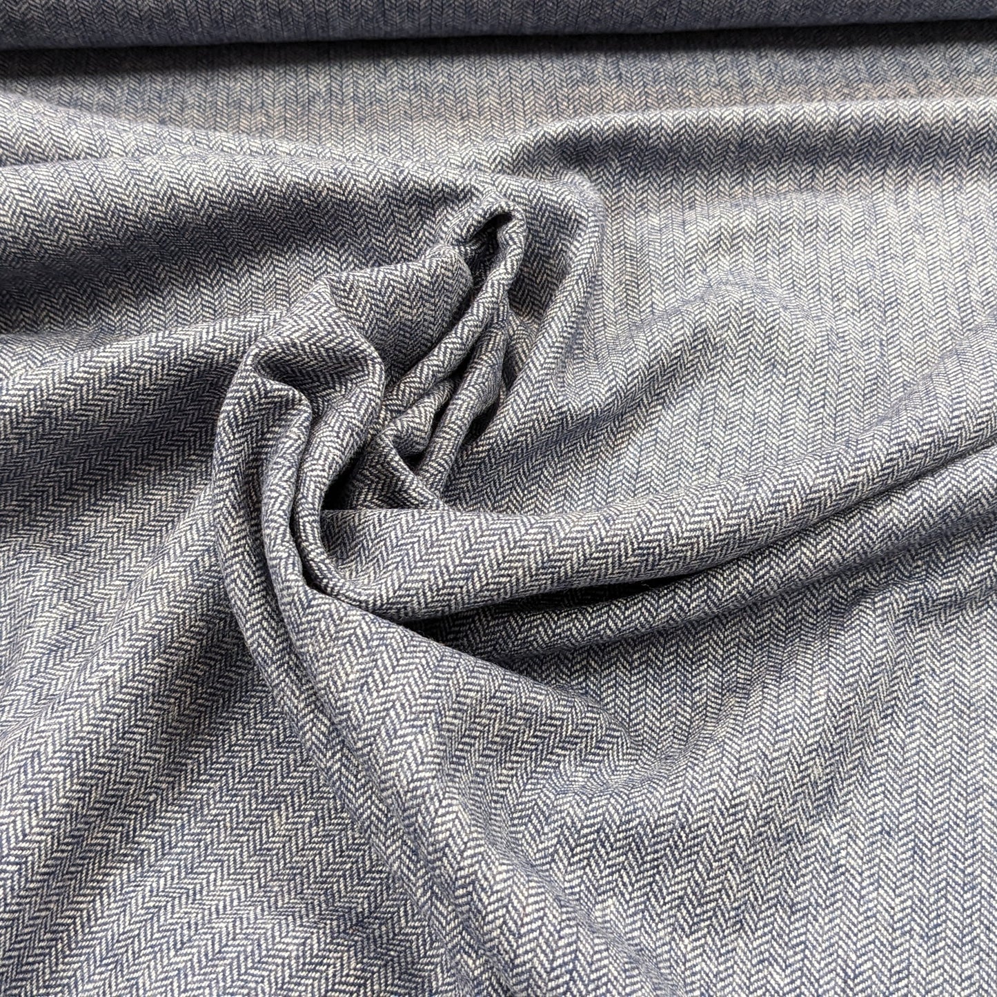 Wool and Polyester Herringbone Tweed Fabric - Denim Blue