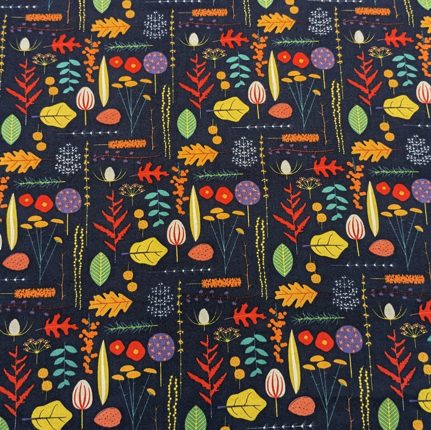 Brushed Cotton Fabric - Multi-Coloured Leaves - Navy