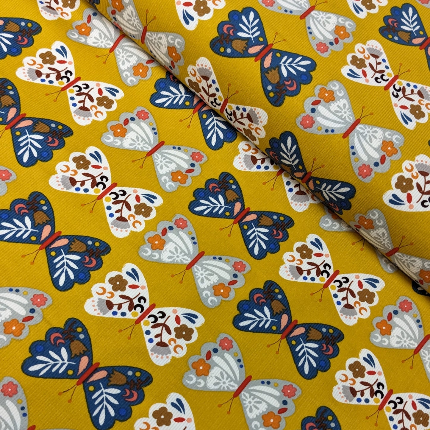 Cotton Corduroy Fabric - Meadow Safari - Butterflies on Gold