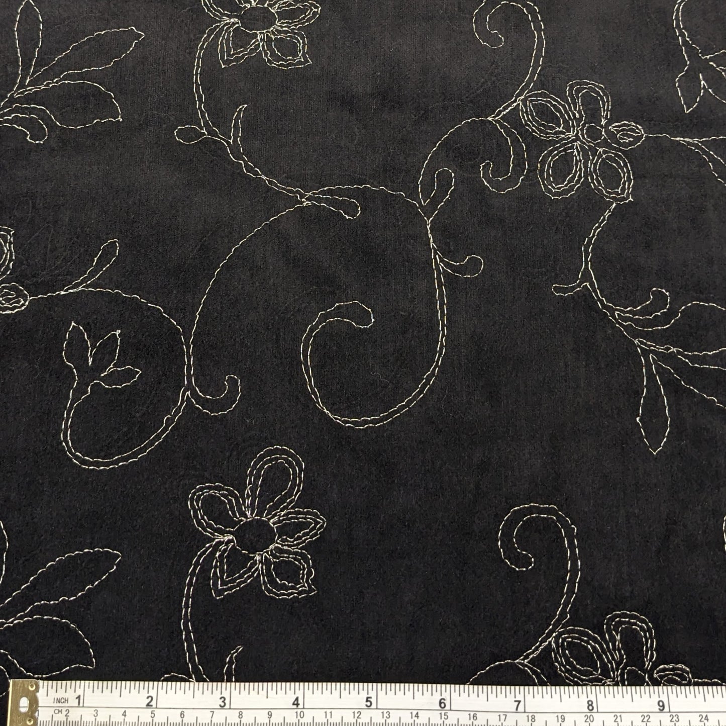 Cotton and Elastane Velvet Fabric - Silver Embroidery on Black