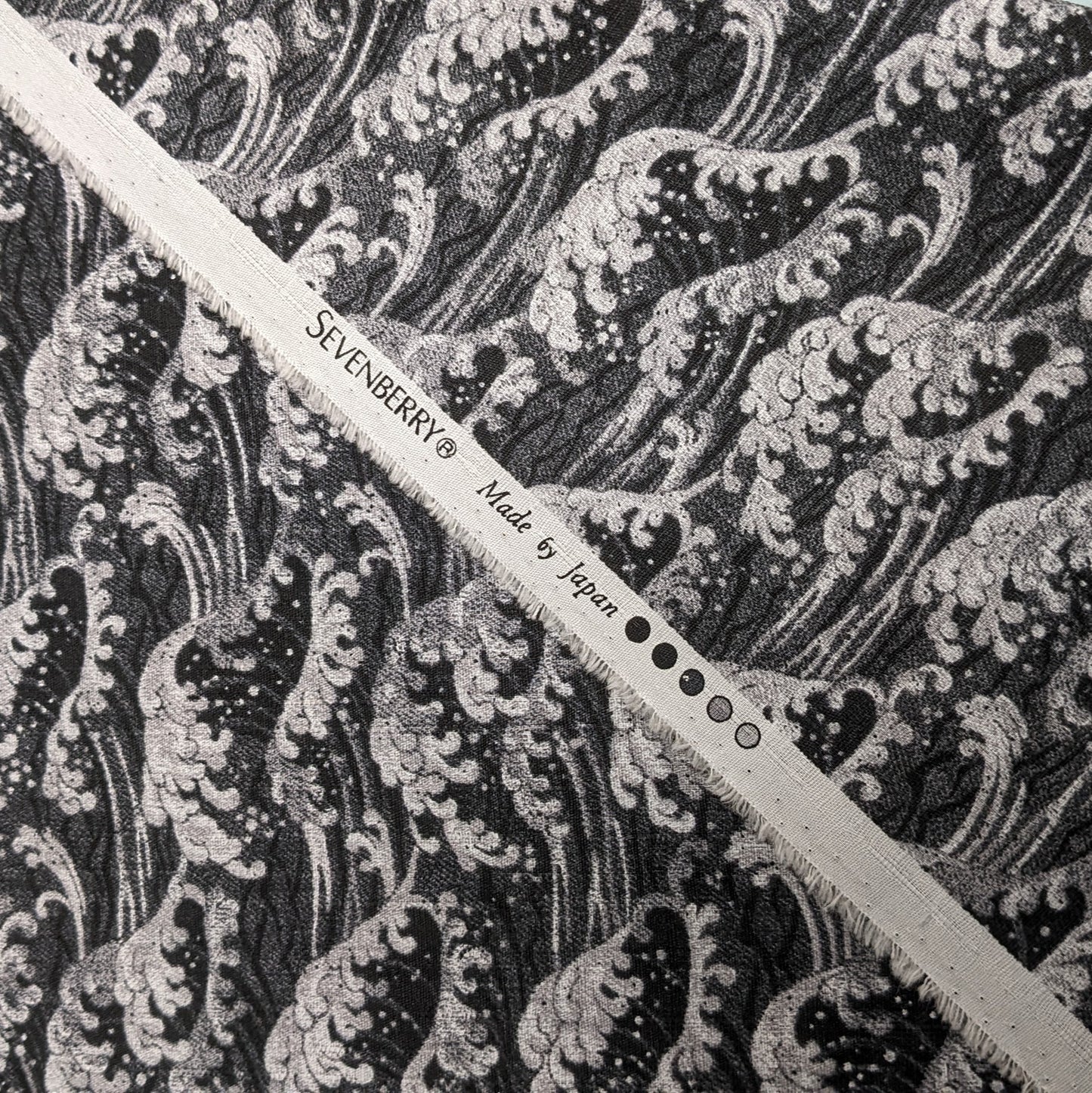 Japanese Fabric - Hokusai Style Waves - Black and Grey