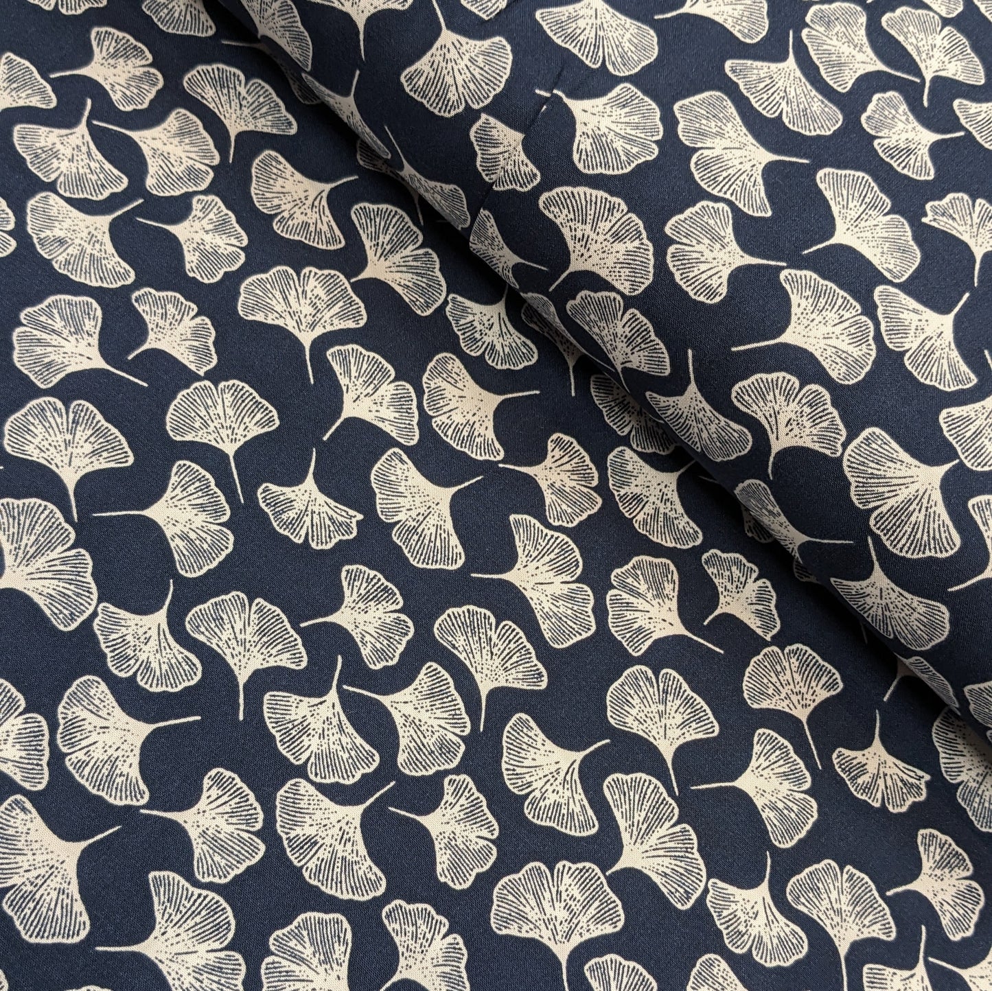 Viscose Fabric - Ginkgo Leaves on Navy