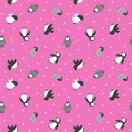 Lewis & Irene Fabric - Small Things: Polar Animals - Penguins on Pink