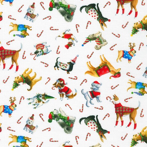 Robert Kaufman Fabric - Christmas Jamboree - Dogs on White 