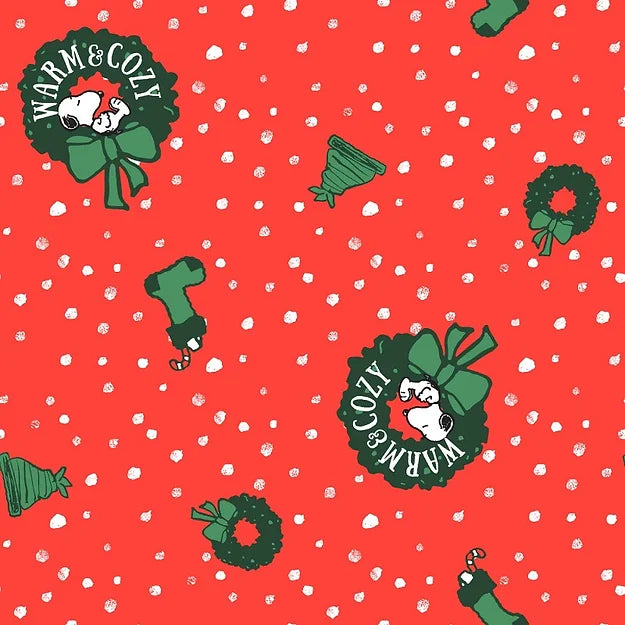 Snoopy christmas wreath fabric on red.