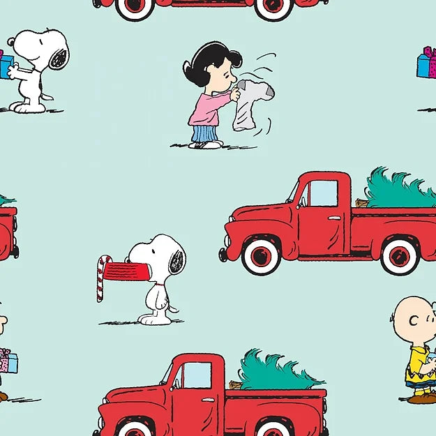 Snoopy Peanuts Red Truck Christmas Fabric on Blue